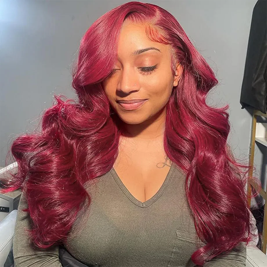 Mstoxic 180 Density 99J Burgundy Body Wave HD 4x4 Lace Frontal Wig Human Hair 32 Inch Lace Front wig Wine Red Colored Brazilian