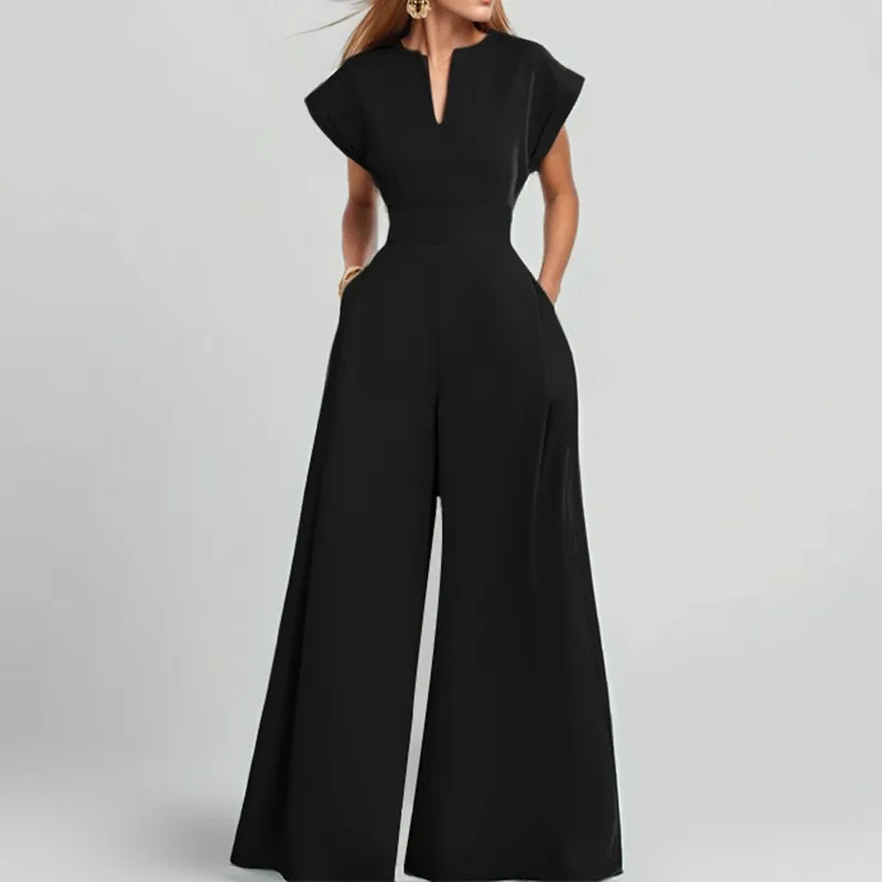 2025 New Summer Fashion Women Jumpsuits Elegant Short Sleeve Small V-neck Slim High Waist Pocket Wide Leg Pants Office Clothing