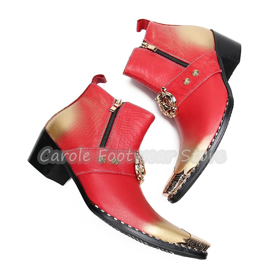 

Luxury Metal Pointed Toe Chunky Heel Ankle Boots Male Mixed Color Genuine Leather Western Boots Business Party Dress Shoes
