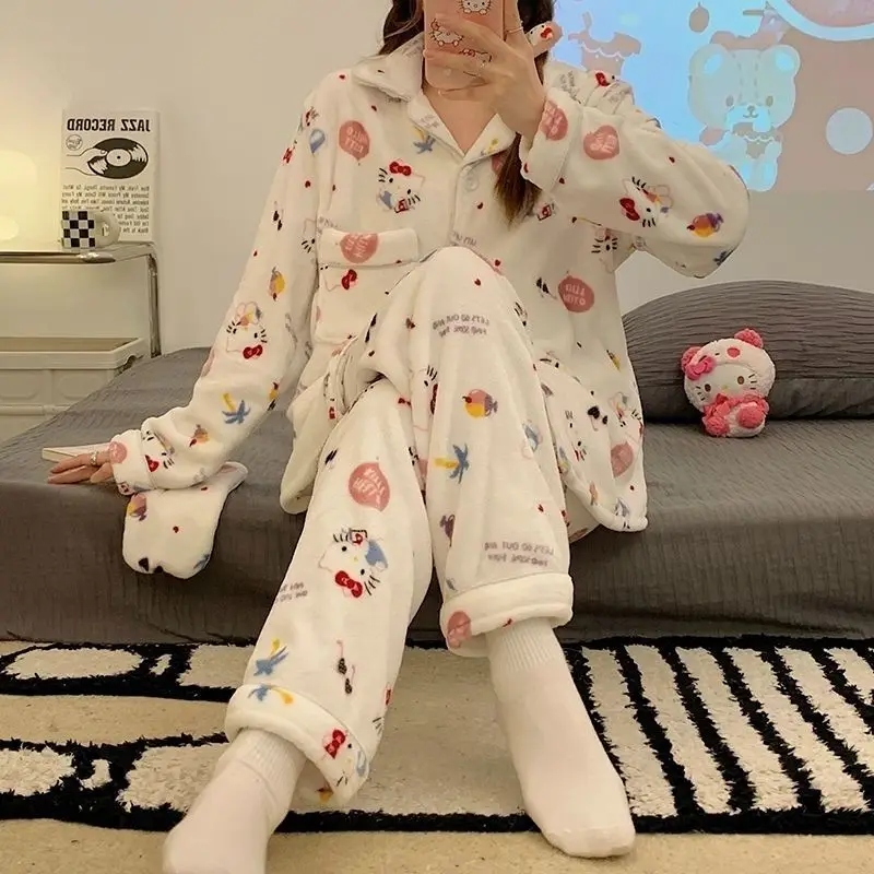 Sanrio Hello Kitty Winter Cotton Coral Fleece Thickened Women's Pajamas Women's Flannel Cartoon Warm Casual Homewear New Style