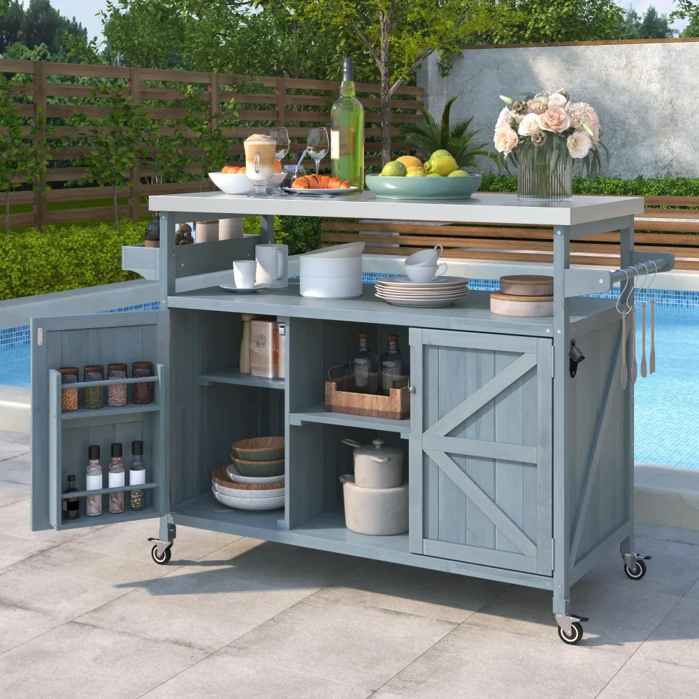 2024 New Outdoor Kitchen Island Cart with Steel Top and Storage Cabinet for Outside Patio