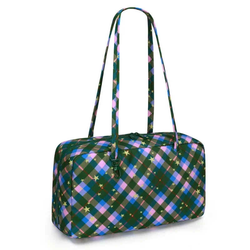 Polka Dot Plaid Round Dome Shoulder Bag,Women Retro Eco-Friendly Colorblock Stripe Pillow Handbag,Casual Commuter Nylon Tote Bag view 2