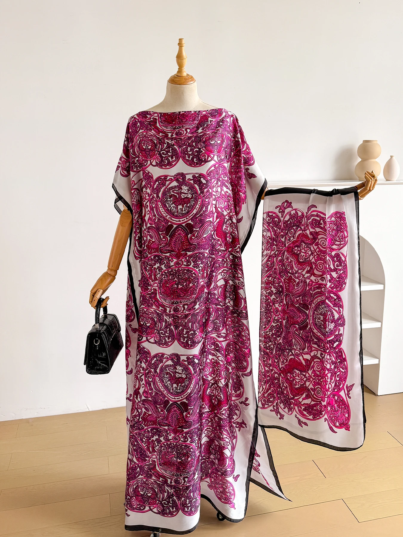 Summer Star Butterfly Firework Print Abaya With Scarf, Loose Maxi Kaftan For African Muslim Women Beach Holiday Wear