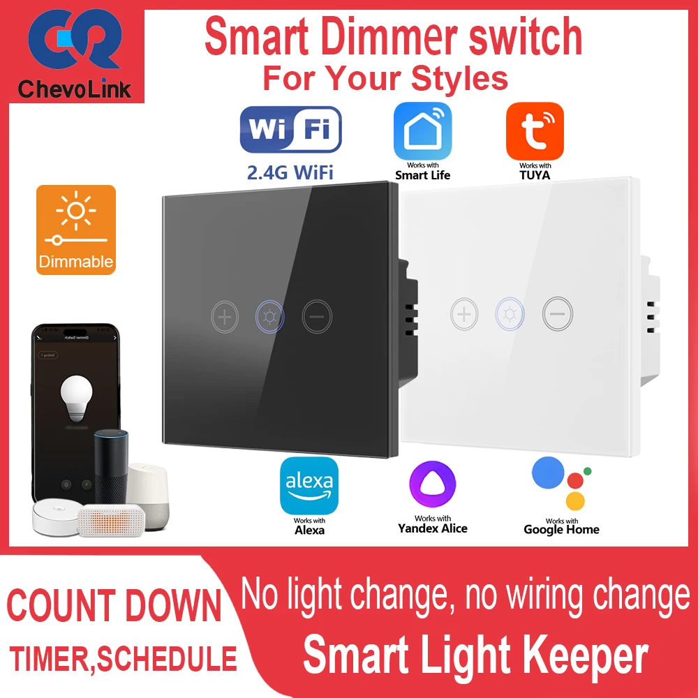 Smart Touch Dimmer Switch Neutral Wire Required,WiFi APP Remote Voice Control Timer Schedule Countdown,Split Quick Installation