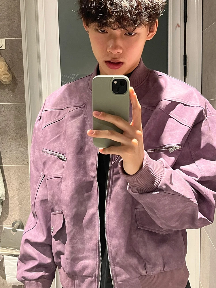 

Фиолетовая мужская куртка в американском уличном стиле, свободного кроя, из искусственной кожи, весна-осень, молодежная, модная, с длинными рукавами, воротник-бомбер