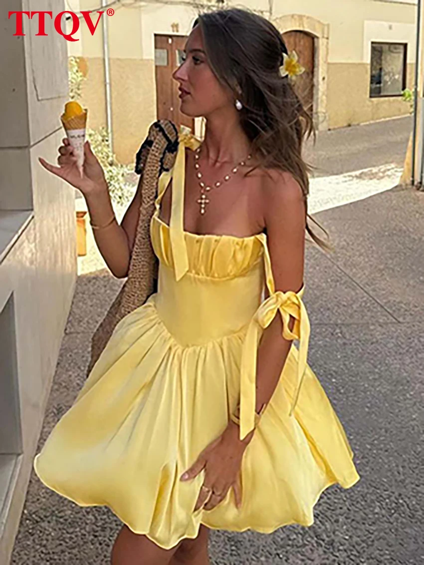 

TTQV Casual Yellow Saitin Women's Dress Fashion Slip Open Back Bandage Dresses Elegant High Waist Pleated Mini Dresses Female