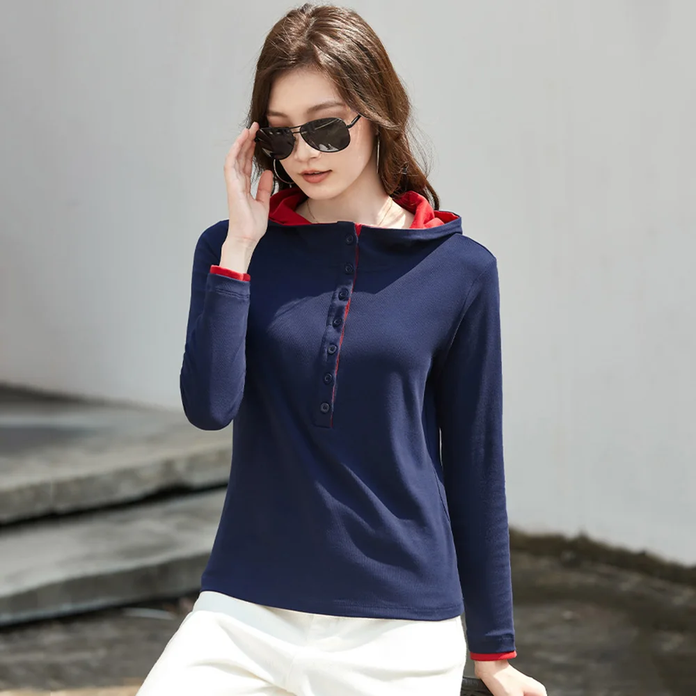 

Новый Женщины Кнопка Толстовка с капюшоном Мода Контрастный цвет Пэчворк Футболка с длинным рукавом Повседневная Простота Основные толстовки Женский