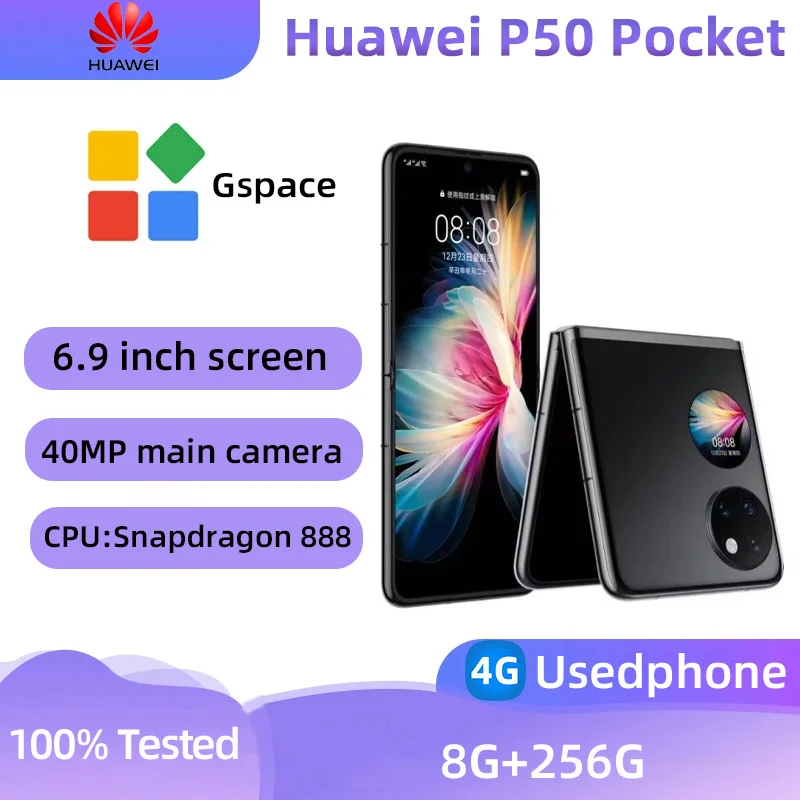 HUAWEI P50 Pocket 4g Smartphone CPU Snapdragon 888 6.9inches Folding Screen 4000mah 40W Charge HarmonyOS Original Used Phone