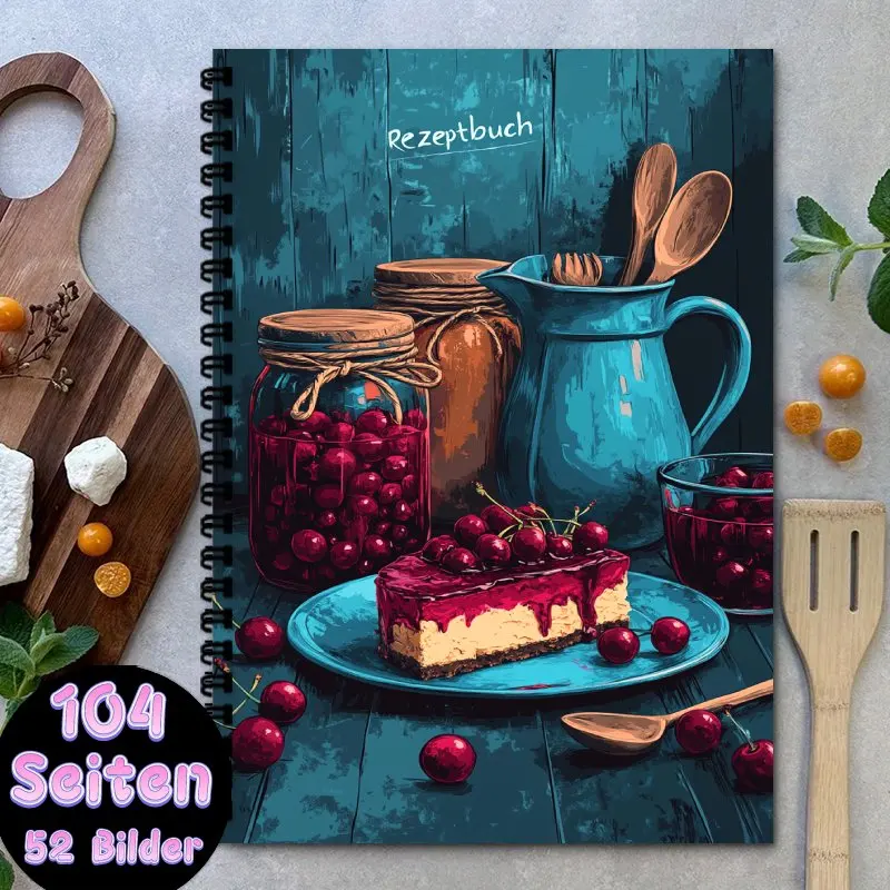 Libro de cocina alemán A5, cuaderno con encuadernación en espiral, con capacidad para hasta 100 recetas, diario de recetas con temática de tarta de queso de cereza y tarros de cocina