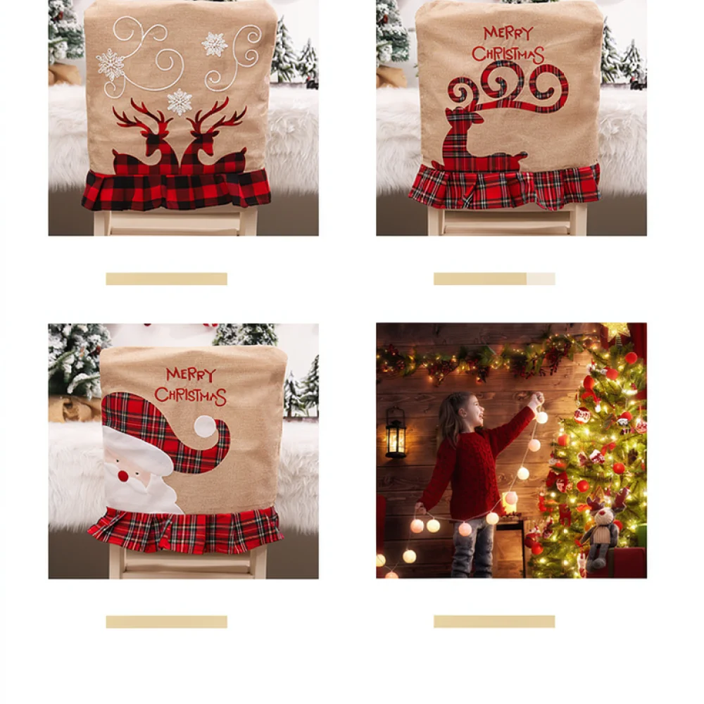 Decorative Christmas Chair Back Slipcover Linen Elk Embroidered Seat Protector Festive Dinner Party Ornament For Home Decoration