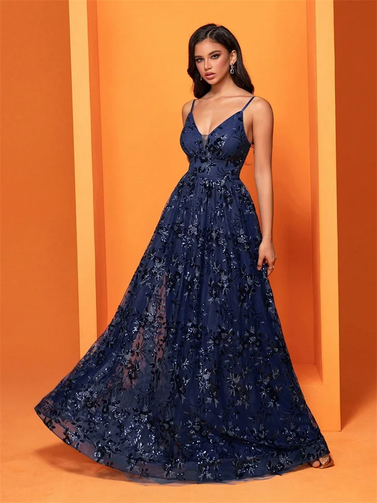 فساتين سهرة فاخرة بفتحة رقبة على شكل V عميقة للنساء 2025 حورية البحر بدون ظهر فستان أزرق رسمي أنيق لحفلات الزفاف وحفلات التخرج