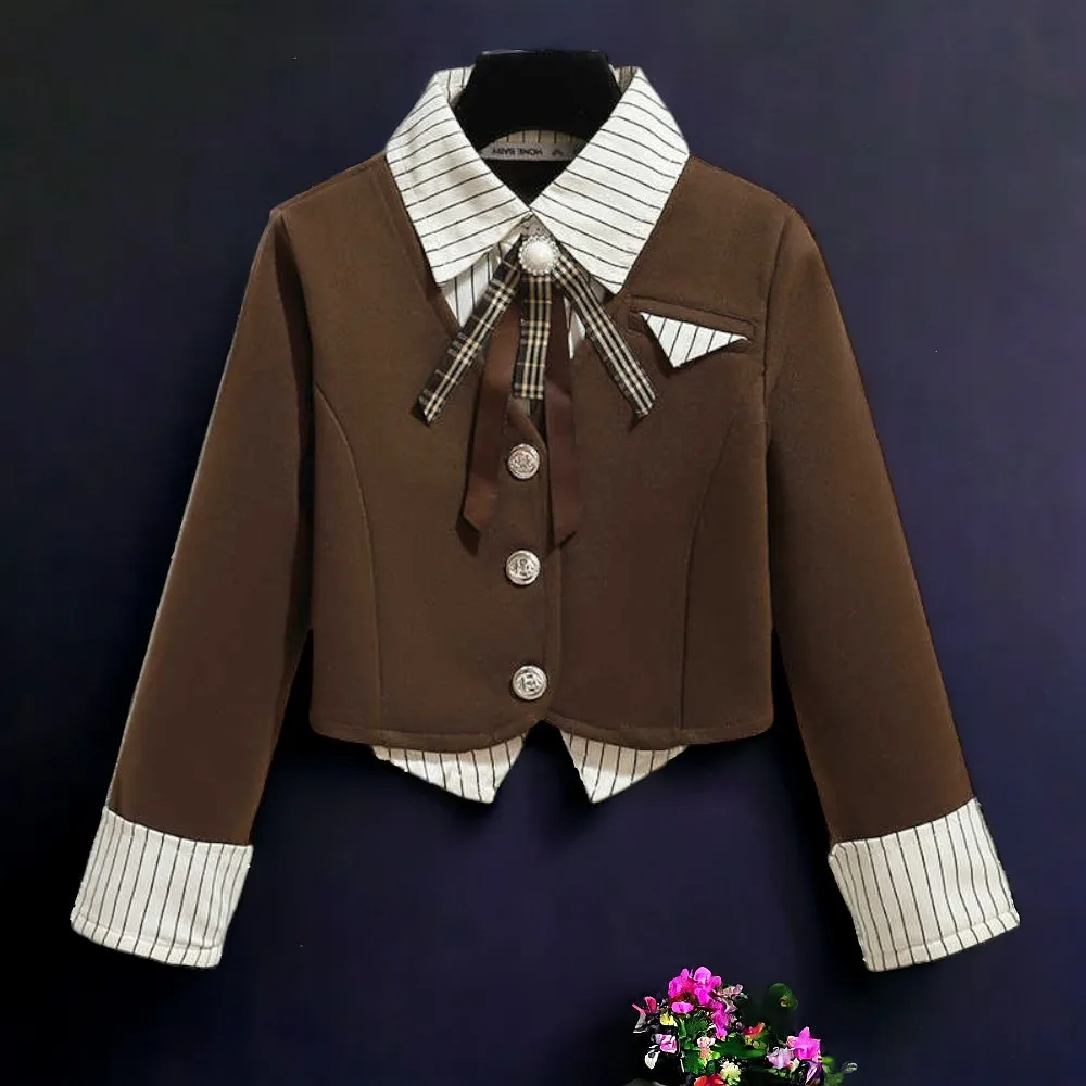 School Uniform Kids Outfits Suits for Girls Brown Sets Children Clothes Blazer & Skirt 2pcs Teenagers Costumes 6 8 9 10 12 Years