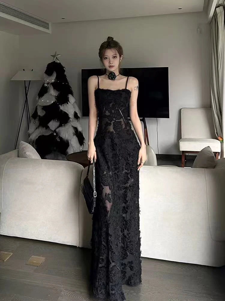 Y2K Black Lace Camis Dress for Women Summer Fashion Spaghetti Straps Casual Dress Sexy Backless See Through Long Vestidos Mujer