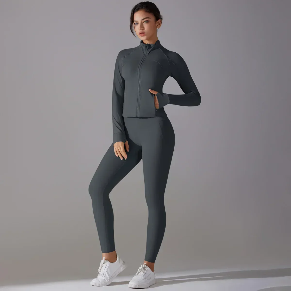 Seamless Yoga Jumpsuits Sports Fitness Hip-lifting Skinny Long-sleeved Zipper Winter Workout Gym Leggings Sportswear for Women