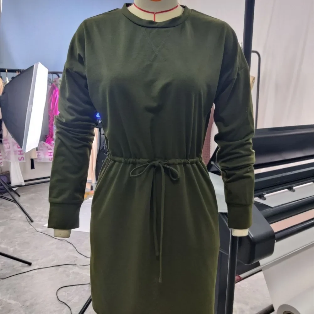 CPSYMYM 秋と冬の新ソリッドカラー O ネック長袖 Tシャツの女性のドレスファッションウエストバンドエレガントな女性のミニ Dressse