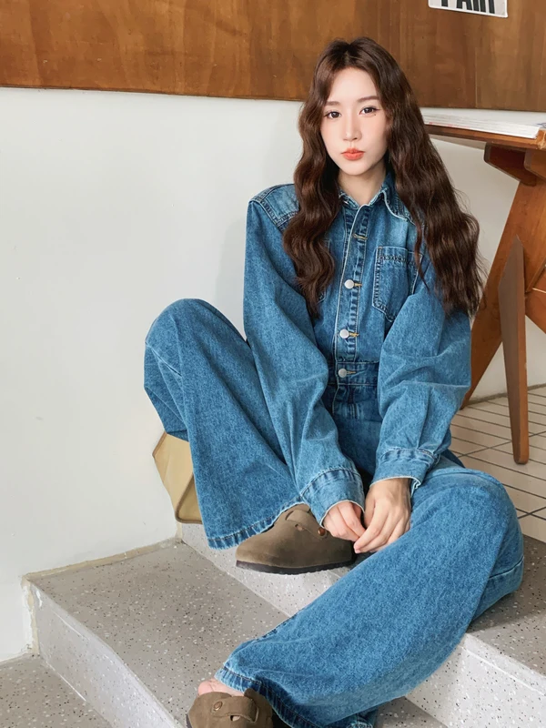 Mono vaquero azul dulce y fresco para mujer, pantalones de pierna ancha informales, pantalones largos de cintura alta, para ir al trabajo, exclusivos en línea