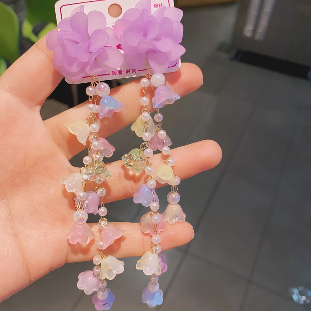 여성용 보라색 꽃 진주 술 드롭 귀걸이, 패션 트렌드 귀걸이, 웨딩 연회 파티 쥬얼리 선물, 2024 신상