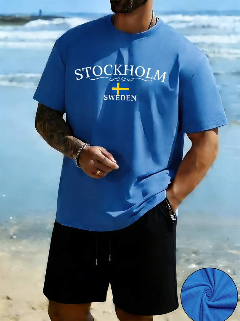 

Stockholm Sweden Letter Print Cotton Basics Tees Mens Suits Cool Daily Fashion Tee Shirts Casual Summer Sweatpants Pocket Shorts