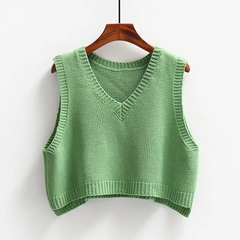 V-neck Knitted Vest Women\'s Retro Preppy Style Versatile Wear Solid Color Cropped Pullover Sleeveless Sweater