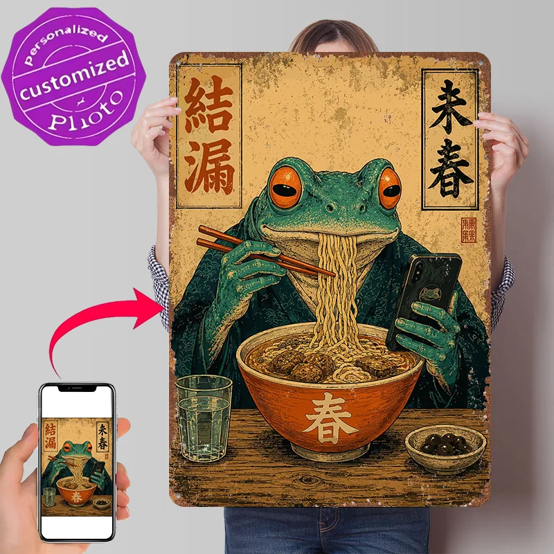 Samurai Frog Ramen Japanese Ukiyo-e Style Personalized 3D Textured Metal Poster Wall Art Tinplate Sign for Garage Accessories