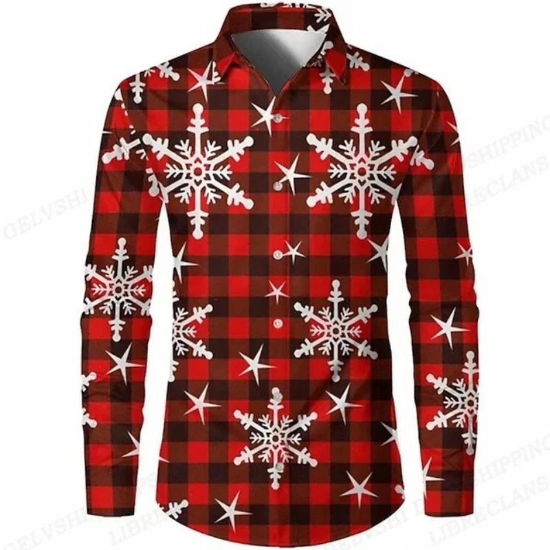 

New Year Xmas Hawaiian Long Sleeve Shirts Men's Fashion Christmas Beach Blouse Social Clothes For Men Clothing Party Vintage