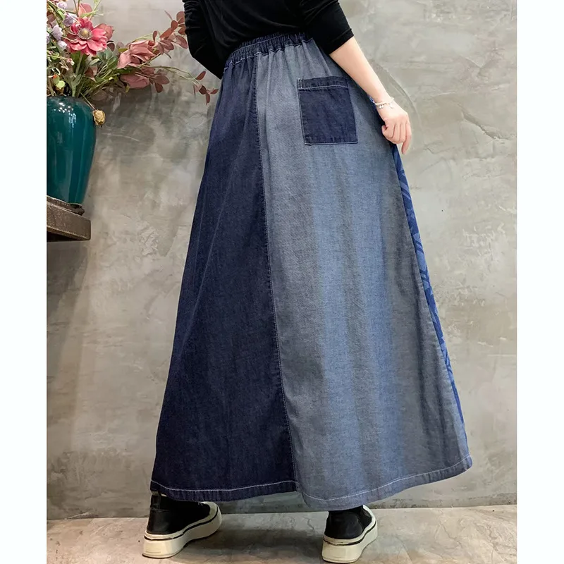 

Винтажные клетчатые лоскутные джинсовые юбки в японском стиле, женские весенне-осенние новые свободные джинсовые юбки-миди с эластичной резинкой на талии