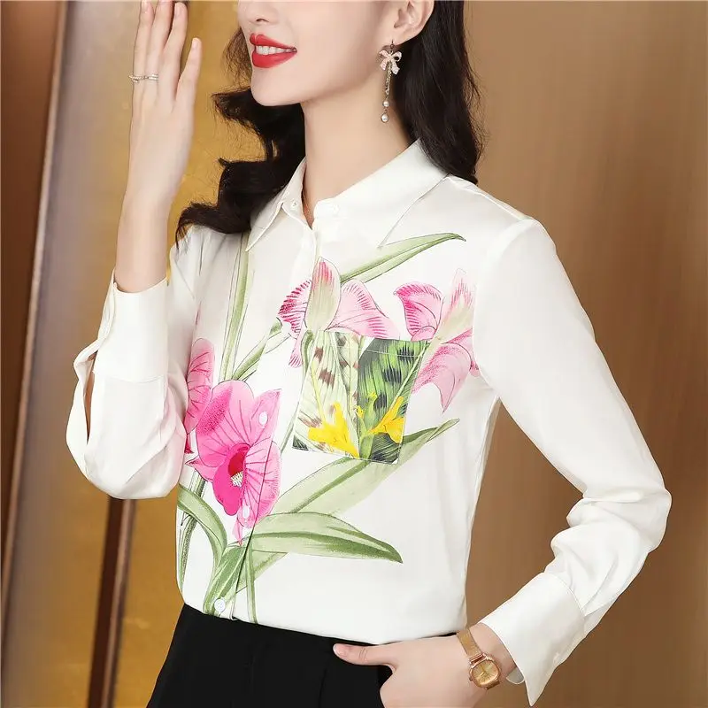 Elegant and Sophisticated Temperament Customized Printed Elastic Satin Long Sleeved Shirt Women\'s Spring New Style