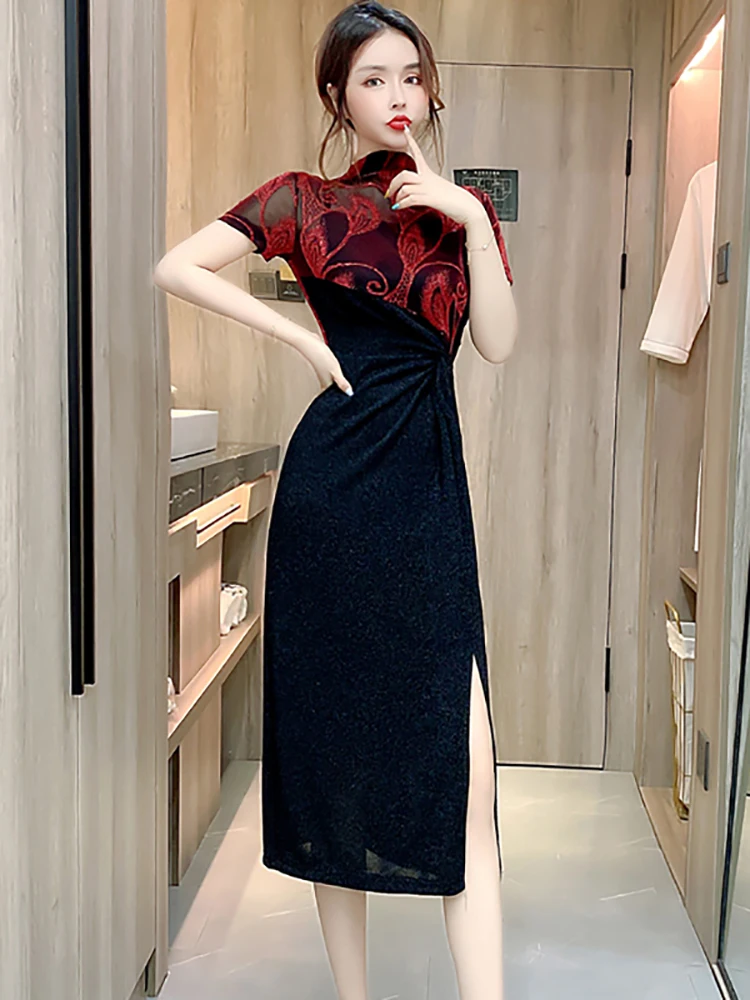 Été noir patchwork rouge imprimé pure sexy robe longue femmes vintage robe de luxe robe 2025 coréen élégant moulante robe de soirée