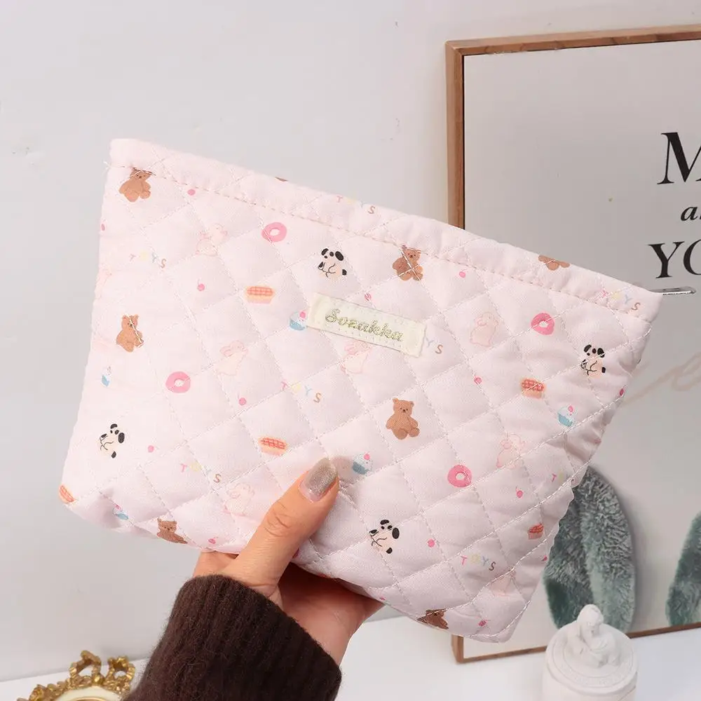 Bolsa de cosméticos acolchada de color rosa para mujer, estuche de maquillaje de tela de doble capa suave y transpirable, bolsos con cierre de cremallera, bolsa de mamá
