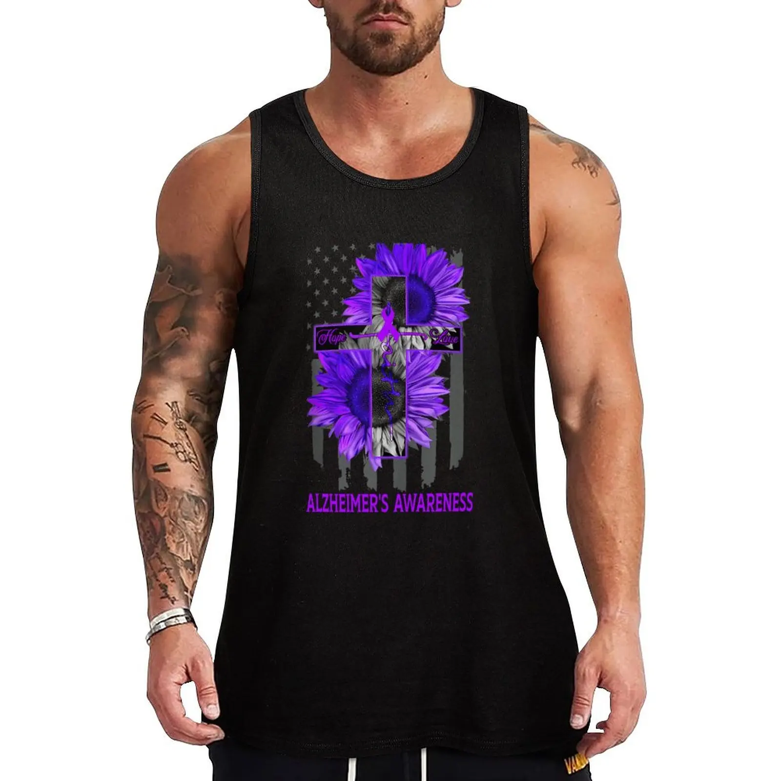 

Faith Hope Love American Flag Sunflower Christian Cross ALZHEIMER'S Awareness Tank Top Men's sleeveless t-shirt