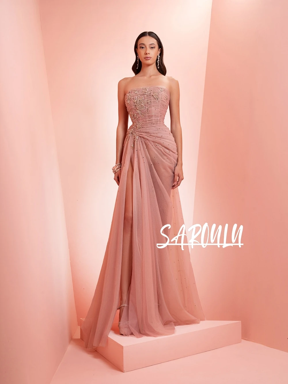 

Stunning Beading Strapless Prom Dress Blush Pink Asymmetric Drapery Formal Events Wear Customized Sexy High Slit Evening Gown