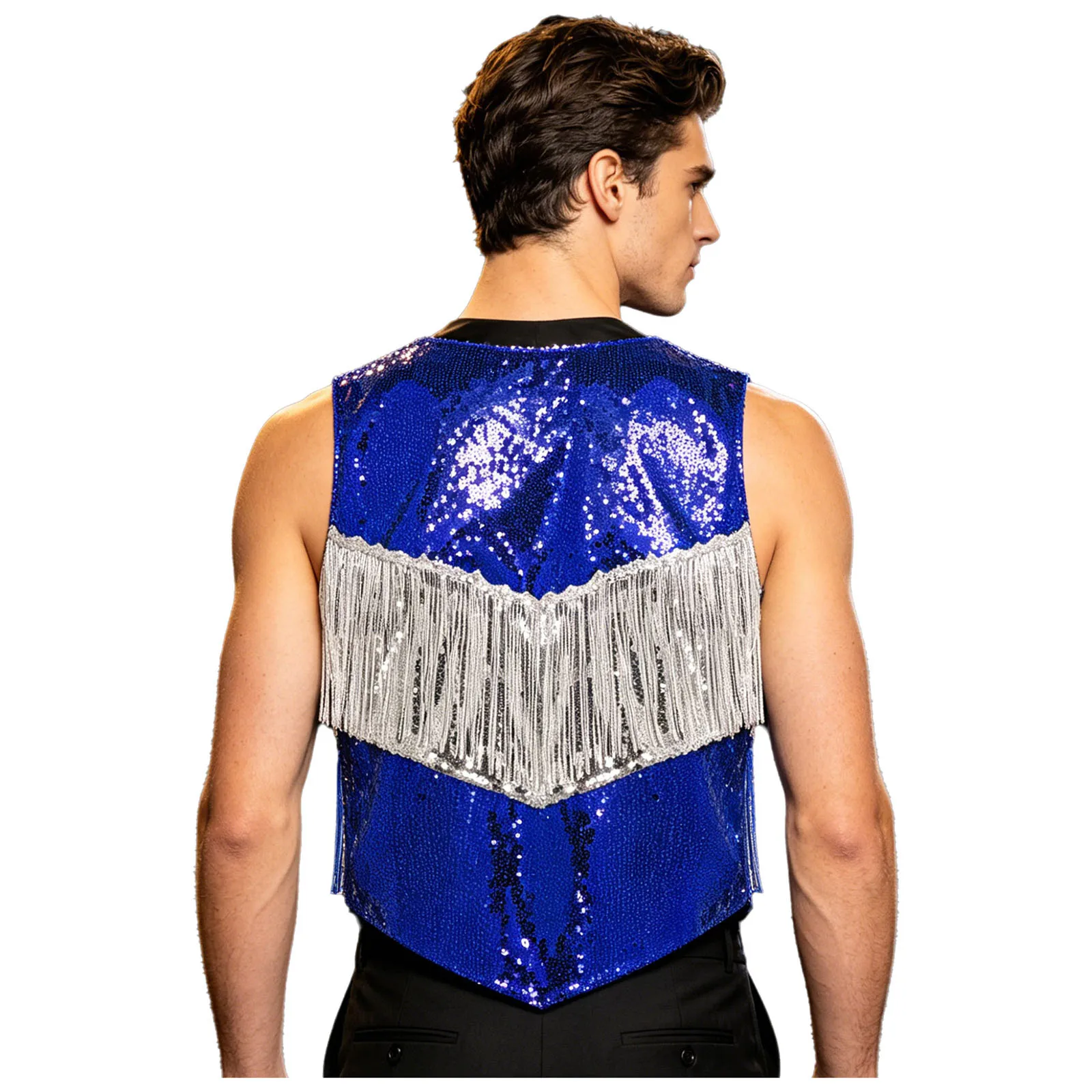 

Mens Sparkling Sequin Tassel Vest Shiny Tiered Tassel V Sleeveless Waistcoat Tops Disco Jazz Dance Stage Performance Costumes