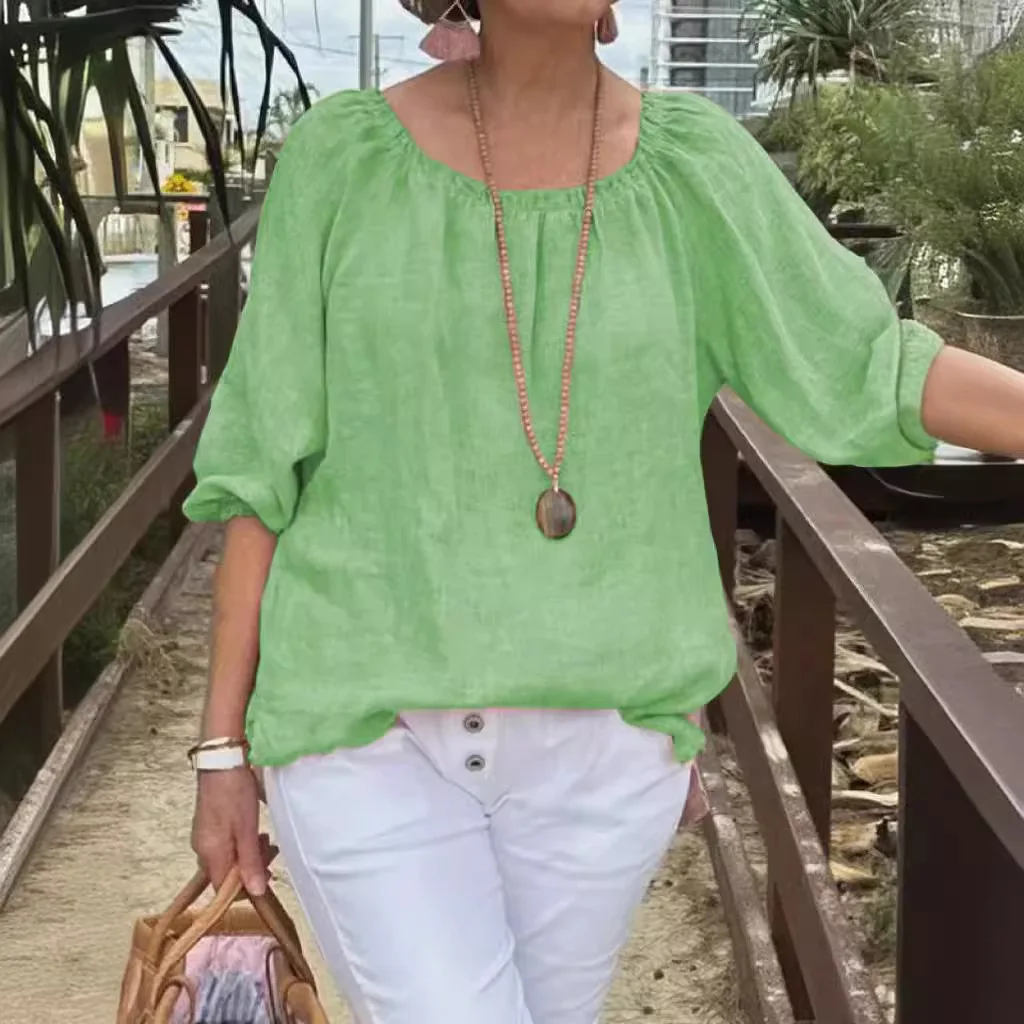 

2024 New Solid Color Round Neck Mid-Sleeve Pullover Cotton Linen Casual Top