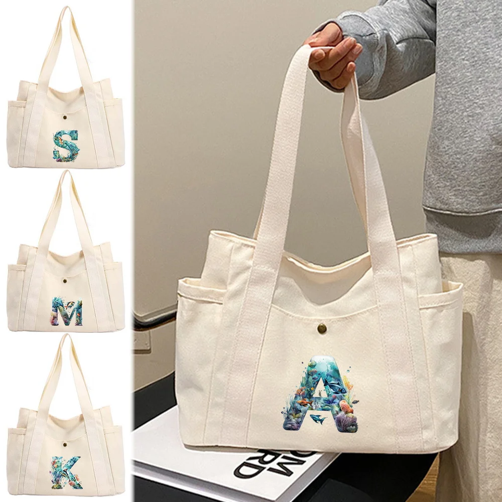 

Холщовая сумка на одно плечо, экологически чистая сумка для покупок, портативная простая повседневная сумка для хранения, сумки серии Fish Letter