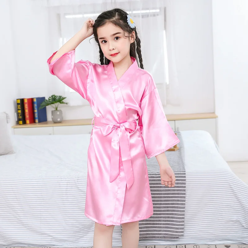 Pink Bathrobes for Girls Nightwear Satin Silk Kids Robes Summer Girl Nightgown Sleepwear Children Kimono Wedding Spa Party Dress