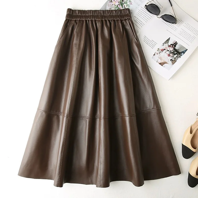 Casual Leather Skirt For Women Harajuku Lazy Style A-line Pockets Pleated Calf Long Jupe Femme Elastic Waist Beige Ropa Coreana