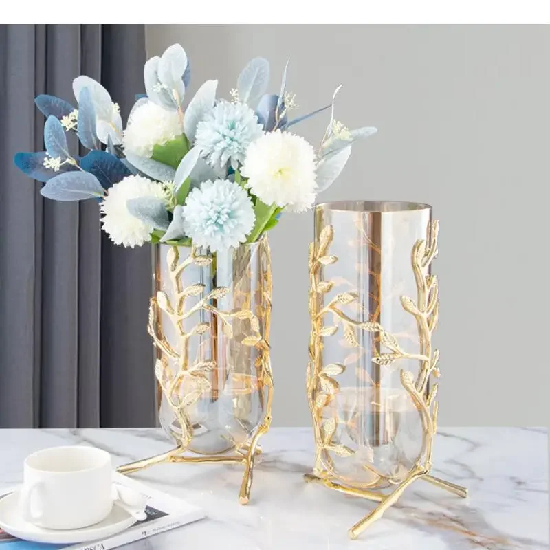 Glass Vase Hollow Gold Metal Frame Branches Rattan Transparent Flower Arrangement Hydroponics Home Decoration