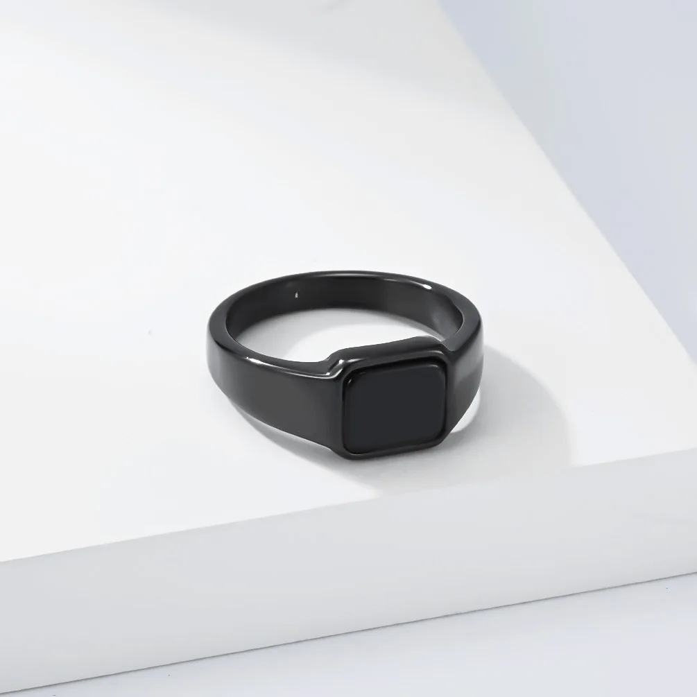 Luxuriöser geometrischer Ring mit schwarzem Edelstein im minimalistischen Stil aus Titanstahl für Damen, trendiger Schmuck, Weihnachtsgeschenk – Detail 9