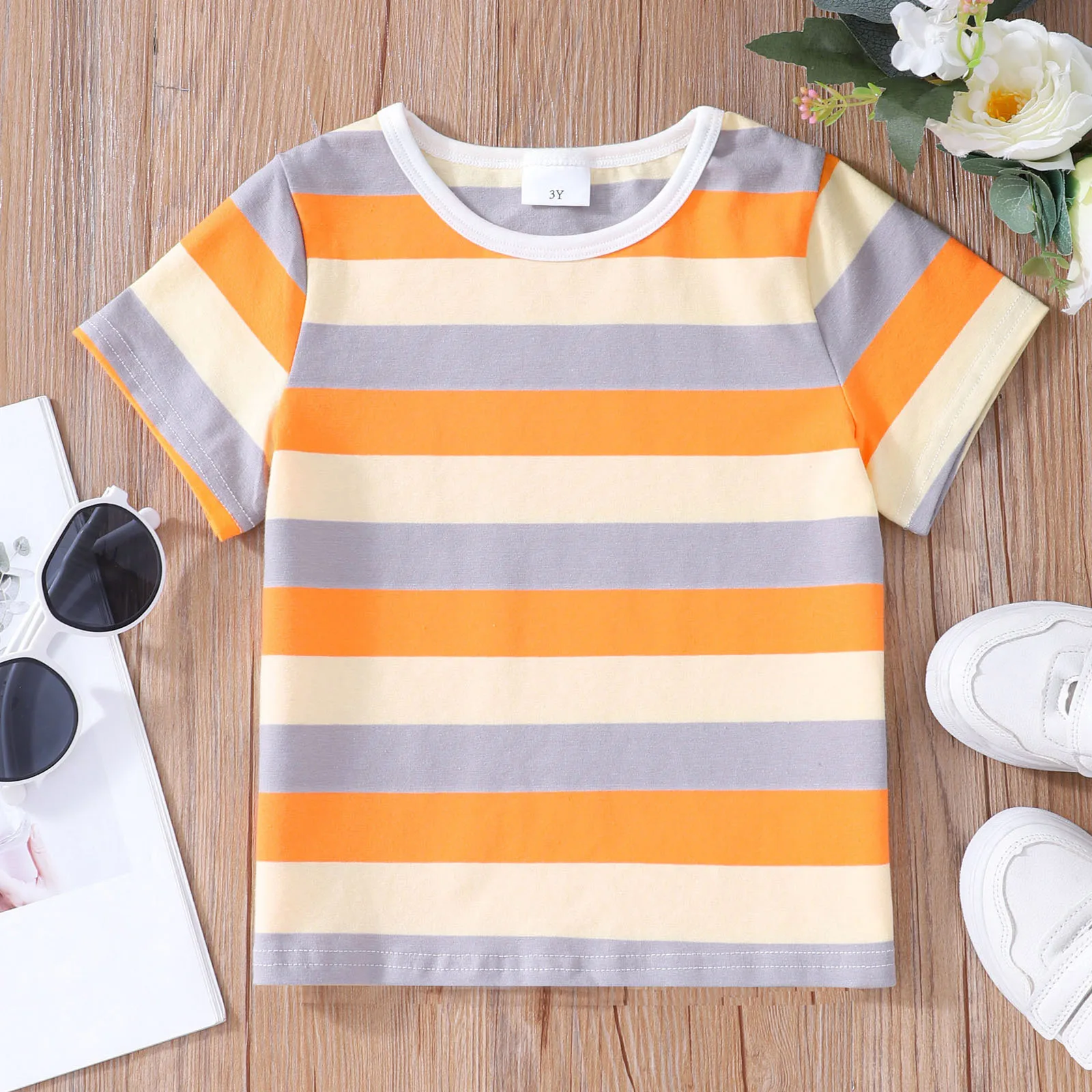 Tshirt Kids For 2-7Y Summer Boys Girls Short Sleeve Rainbow Stripes Top Casual Cotton Children Clothing Tops Baby Kid T-shirt