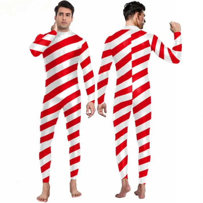 ผู้ใหญ่คริสต์มาสCandy Caneเต้นรําเครื่องแต่งกายSanta Claus Stripeพิมพ์ดิจิตอลRomper Performance Party Jumpsuits Zentai Bodysuits