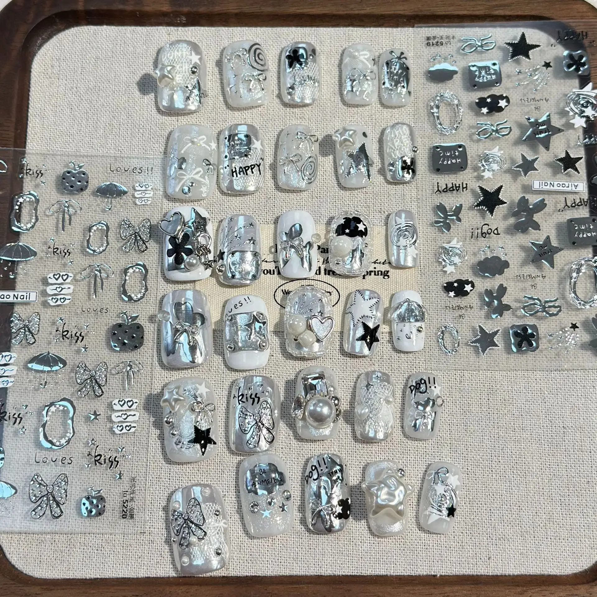 

Punk Silver Metal Stars Apple Bowknot Umbrella Irregular Lines Clock Block Moon Heart Gems Photo Frame Nail Art Stickers Decals