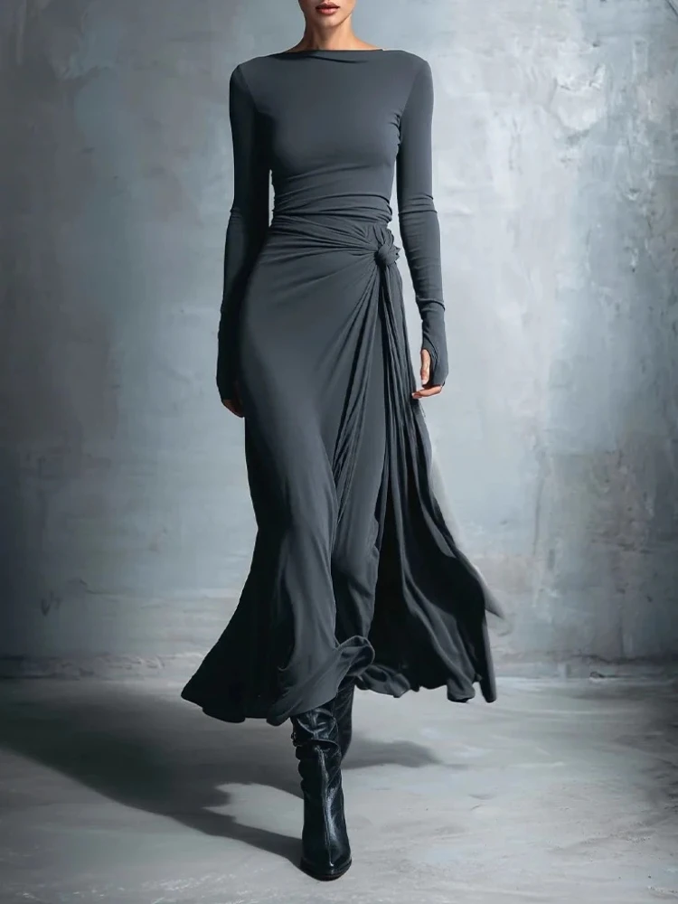 Vestido largo elegante de manga larga fruncido, vestido Sexy para mujer, moda de otoño, drapeado, ceñido al cuerpo, vestidos largos irregulares, ropa femenina