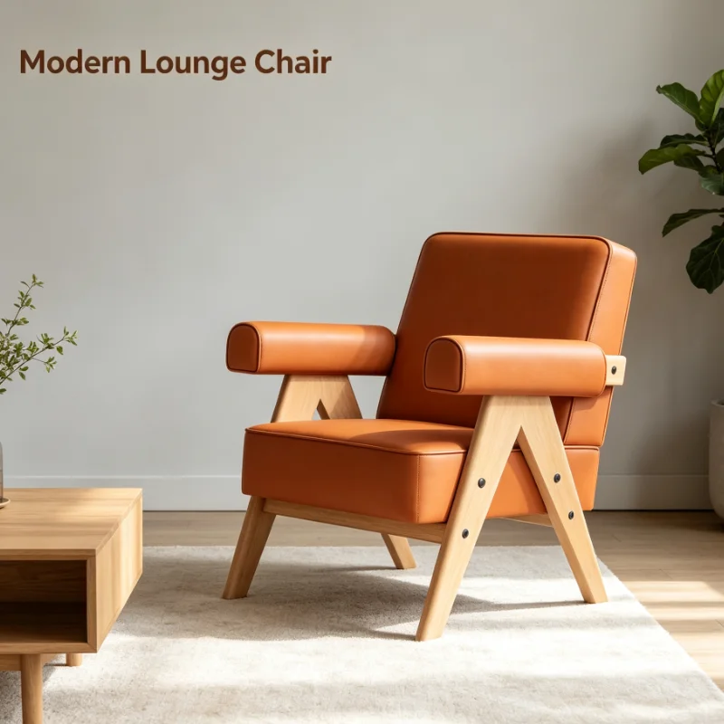Mid Century Modern Armchair Brown Leather Accent Chair Solid Wood Frame Living Room Bedroom Lounge Furniture Single Sofa Seat