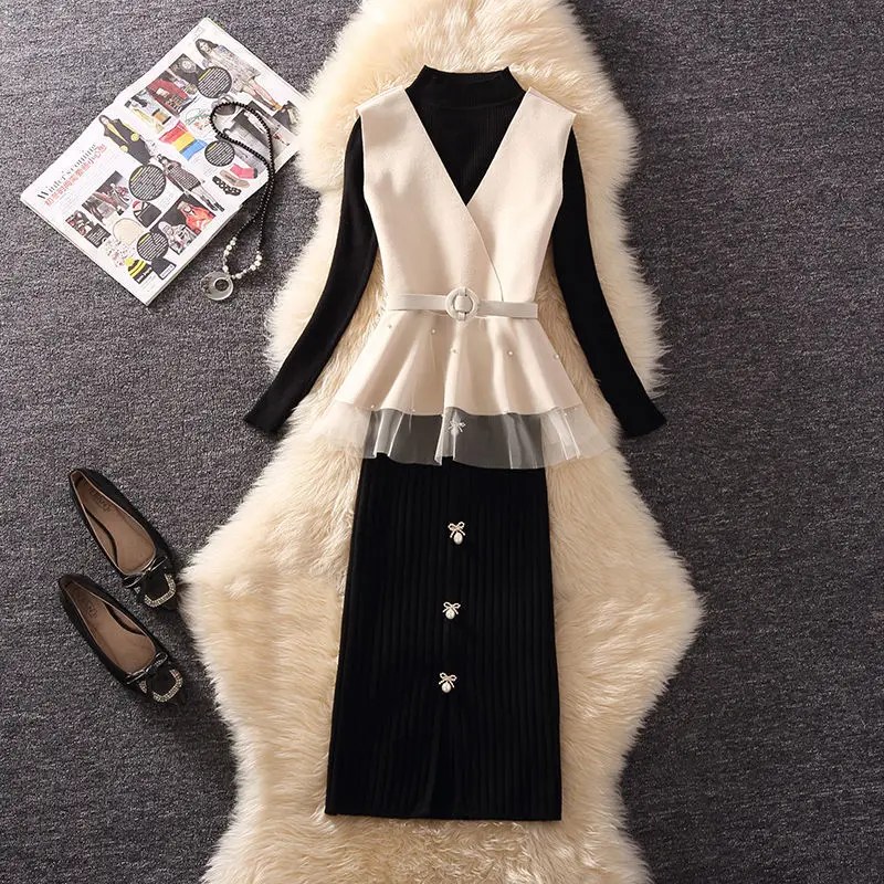 Women\'s Spring Autumn Winter Knitwear Suits Fashion Knitted Wrap Hip Skirt Black Bottom Sweater Pearl Mesh Vest Three Piece Set