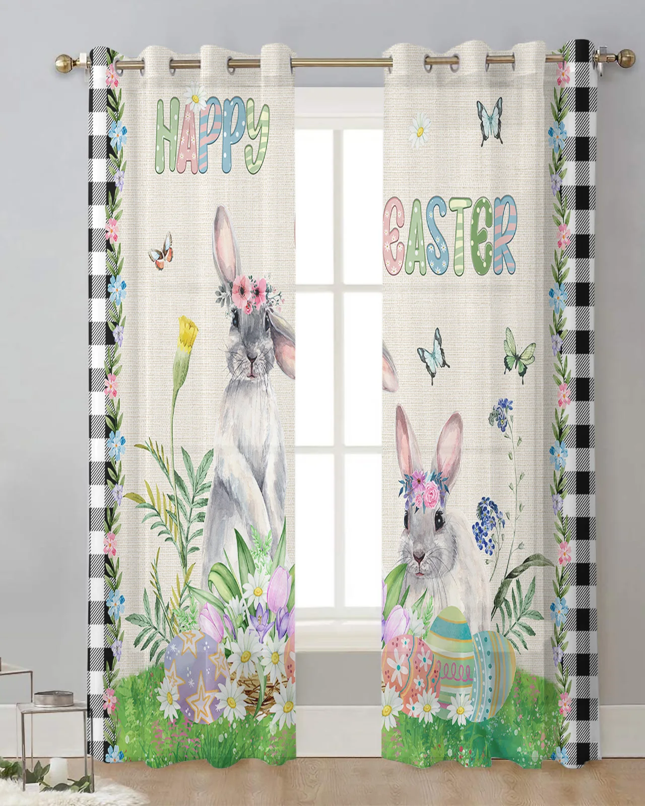 Easter Bunny Egg Flower Sheer Curtains for Living Room Window Curtains for Kitchen Modern Tulle Voile Curtains