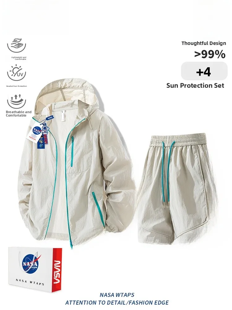 

WTAPS Men's Summer Ice Silk Thin UV Protection Clothing Set with Hat Long Sve Five-ket Pants Casual Sportswear