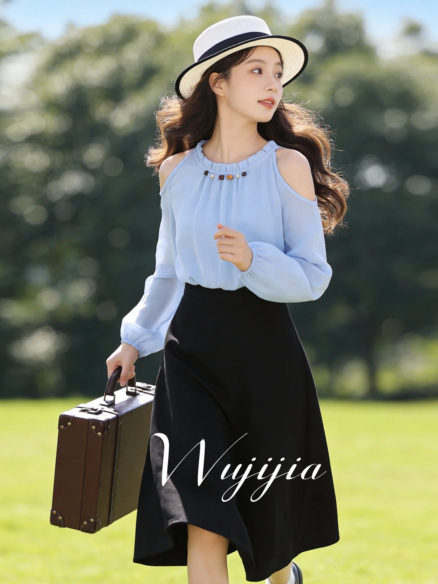 

plus Size Summer New Loose Slimming Ethnic Style round Neck Shoulder Bared Splicing Dress High Waist A-Line Skirt for Women