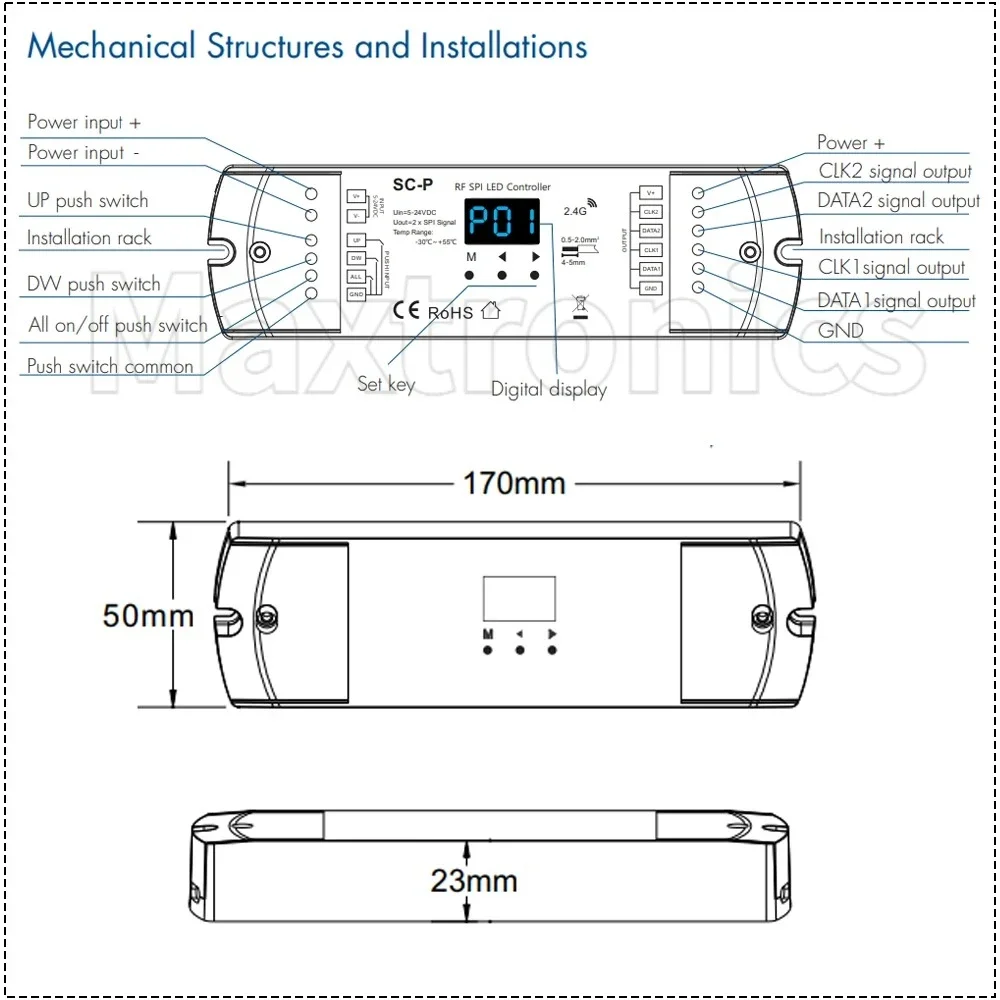 SC-P Ondersteuning RF-afstandsbediening R9 en drukschakelaarbediening voor RGB/RGBW of witte MAX900Pixel Strip DC5-24V RF SPI LED-controller