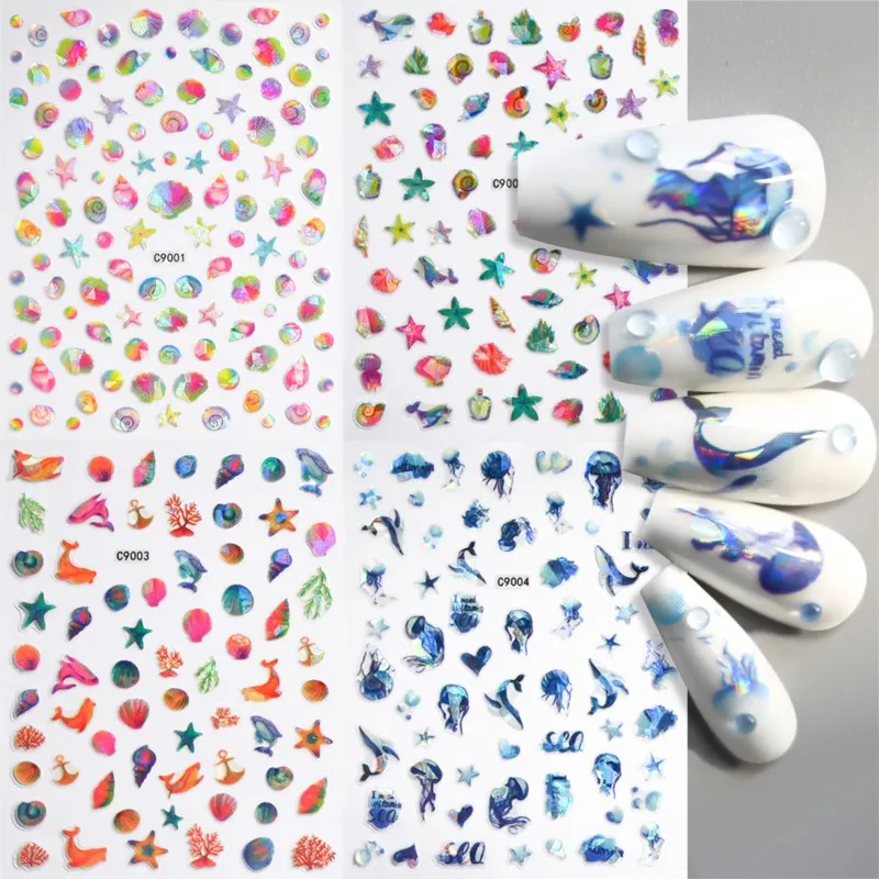 4pcs/set 5D Sea Laser Nail Art Sticker Pink Blue Shall Starfish Marine Animals Self Adhesive Nail Slider Holiday DIY Nails Decor