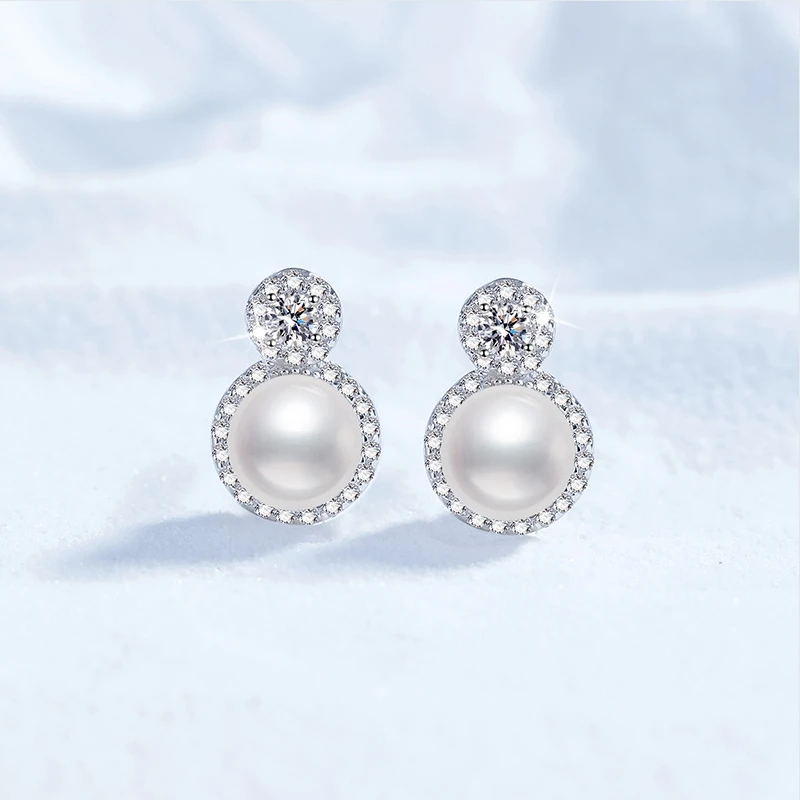 S925 pure silver earrings for women, moissanite earrings, Daifei style round package, freshwater pearl earrings for women